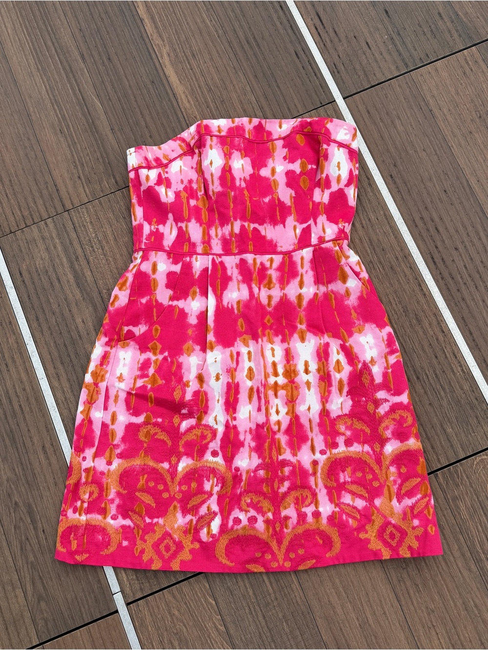 Anthropologie Pink and Orange Patterned Strapless Dress | Size 4P